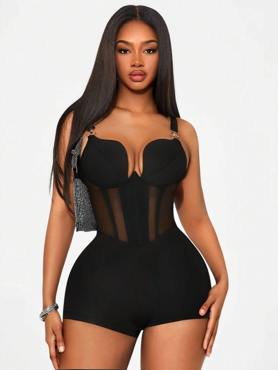 SHEIN SXY 女士纯色网眼拼布吊带背心连体衣 - 黑色 - 查看 1