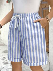 SHEIN LUNE Pantalones cortos cómodos, casuales y versátiles para usar en exteriores y en casa, de talla grande, con rayas de colores y bolsillos grandes, estilo boho vaquero, para el festival Old Money, ropa occidental bohemia, hippie de verano, de algodón para el verano, prendas de verano lindas para mujeres.