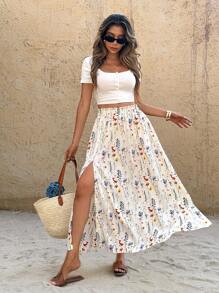 SHEIN Frenchy Women's Ditsy Floral Paper Bag Waist Elastic Casual Loose Summer Skirt White - White - View 1
