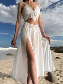 SHEIN Swim موحدة اللون معقود من الأمام لباس علوي بتغطية و فتحة للفخذ تنورة