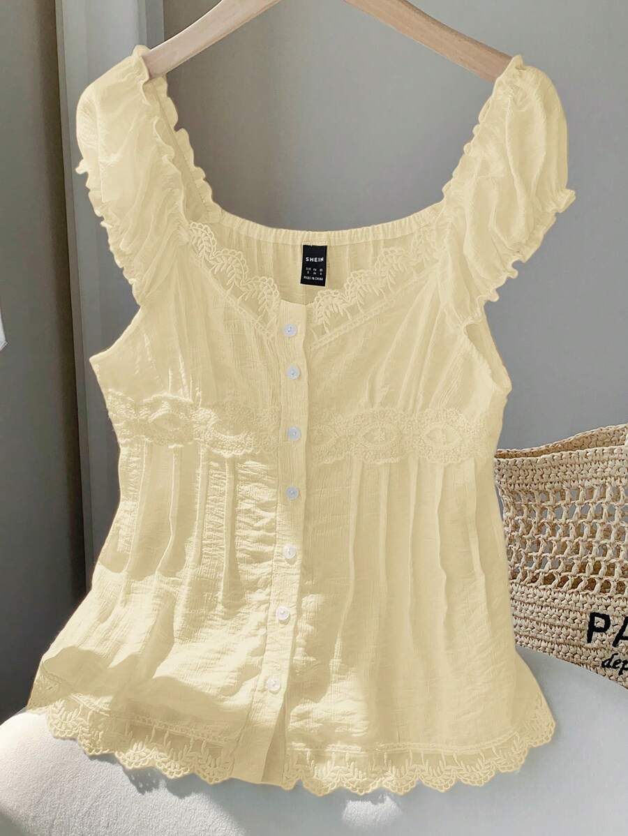 Comfortcana 乡村音乐会度假梭织女式蕾丝拼接衬衫淡黄色上衣 - 杏色 - 查看 1