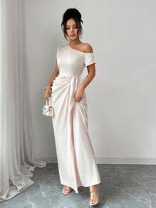 Rafferiza Elegant French Style Oblique Shoulder Ruffle Waist Slim Dress - Apricot - View 6
