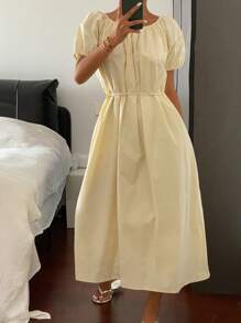 Livesso Đầm dài maxi mùa hè cho nữ, màu trơn, dáng rộng, xếp ly, thắt lưng, đính cườm rỗng, hở lưng. - Màu vàng - Xem 4