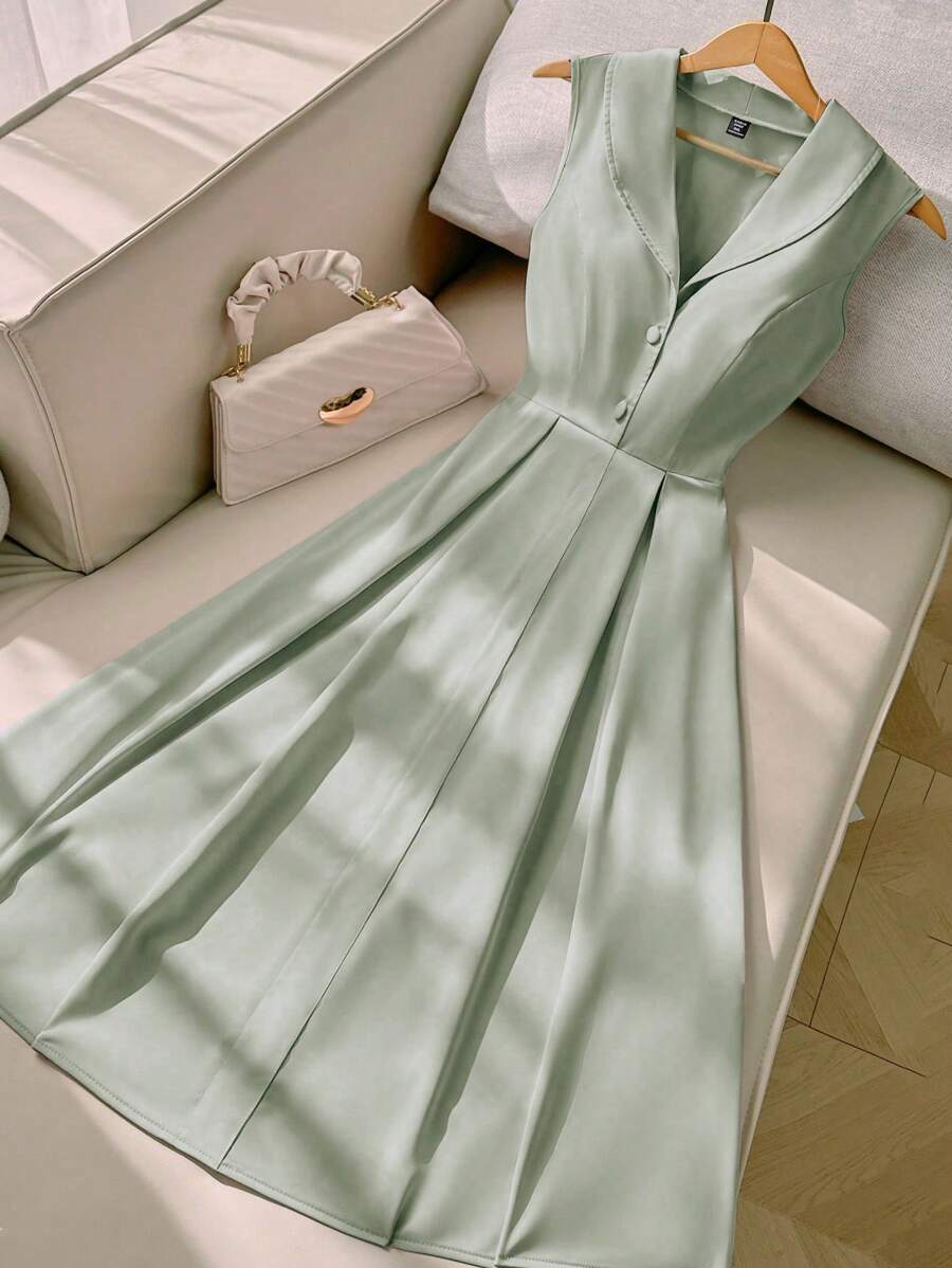 Franclia 大码女式粉色翻领褶裥纽扣前部无袖系带中长连衣裙，适合约会、派对、生日、办公室、度假、夏季休闲和正式商务场合 - 綠色 - 查看 1