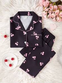 SHEIN 2 件女童杏色可爱樱桃印花长裤和宽松短袖休闲舒适家居服 - 黑色 - 查看 5