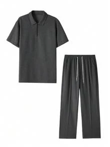 Manfinity Homme 2-częściowy męski swobodny zestaw dzianinowy z gofrowanym splotem: koszula z krótkim rękawem i kołnierzykiem zapinana na suwak oraz spodnie ze ściągaczem - czarny, mieszanka poliestru, odpowiedni do noszenia na co dzień wiosną/latem - Ciemnoszary - Zobacz 5