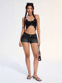 Jeanoix Casual Washed Low-Waist Mini Denim Shorts Y2k - Black - View 4