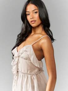 MISSGUIDED Ruffled Smocked Chiffon Cami Top Summer Blouse Party Peplum Tank Spring Festival Boho Casual Sleeveless Shirt - Apricot - View 5