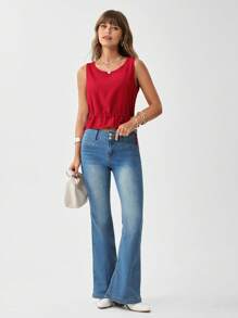 SHEIN LUNE Drawstring Waist Ruffle Hem Top - Red - View 2