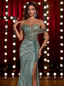 Glamrae 优雅奢华露肩宝石亮片花卉美人鱼开衩连衣裙，适合婚礼、单身派对、节日、舞会、正式活动（大量装饰） - 綠色 - 查看 2