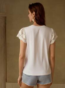 MOTF PREMIUM CONTRAST EMBROIDERY MESH LAYERED FLUTTER SLEEVE SOLID T-SHIRT