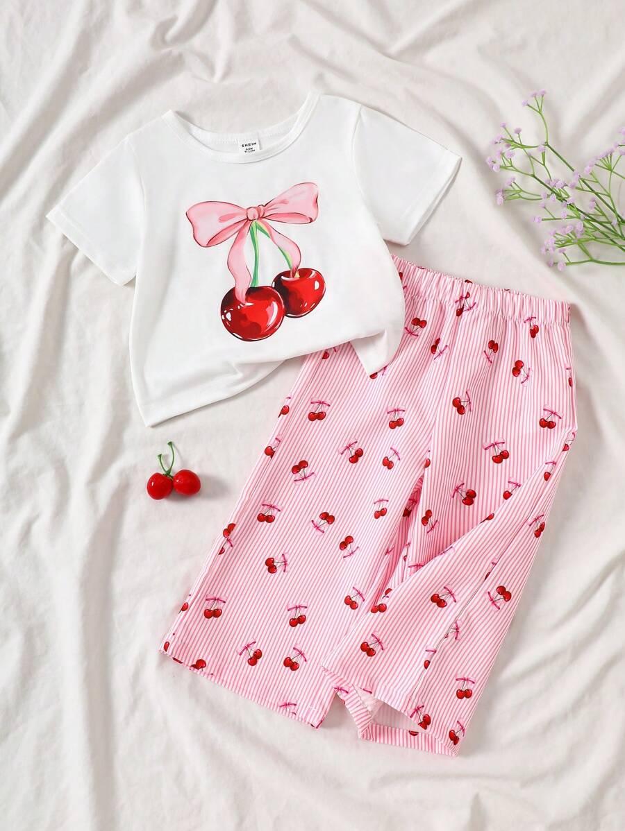 Vintaside Kids Conjunto de 2 piezas de blusa de manga corta con estampado de cerezas y pantalones para bebé niña. Puede usarse afuera, es lindo y de moda, dulce y encantador. Adecuado para primavera y verano, al aire libre, vacaciones, uso diario, hogar, viajes. - Multicolor - Ver 1