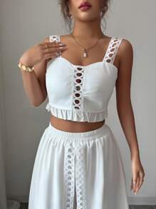 Elenzga 2件套女士优雅荷叶边浪漫节日音乐节套装 - 白色 - 查看 6