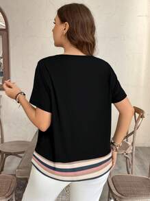EMERY ROSE Casual Minimalist Colorful Striped Pocket Plus Size T-Shirt, Suitable For Summer Suitable For Going Out - Black - View 2