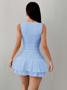 SHEIN PETITE Váy xếp ly hai lớp không tay bó sát màu trắng trơn mùa hè, thu đông cho nữ - Màu xanh nhạt - Xem 2