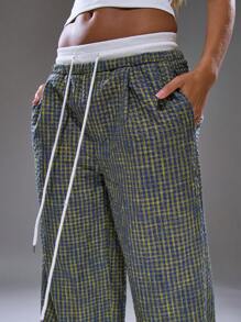 MUSERA 格纹撞色抽绳腰阔腿宽松长裤，夏季街头风 Y2K 酷女孩都市缪斯度假工作办公秋季、冬季、返校季、圣诞节 - 藍色 - 查看 5