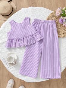 SHEIN Elladie kids 2件組少女夏季休閒條紋吊帶上衣與長褲套裝，少女服裝套裝，兒童夏季女童服飾 - 紫色 - 查看 2