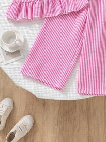 SHEIN Elladie kids 2件套年轻女孩休闲条纹背心和裤子套装，夏季儿童女孩服装套装女孩服装女孩服装11岁年轻女孩服装两件套夏装幼儿服装年轻女孩套装 - 粉色 - 查看 5