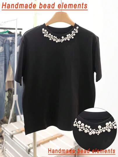 Plus Size Women Faux Pearl Casual Fitted T-Shirt For Summer