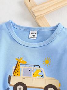 SHEIN Playful Pals Conjunto de bebé y niño pequeño de top de manga corta con estampado de animales y carros lindos, y shorts estampados, adecuado para salidas y uso diario en primavera/verano