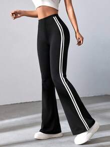 SHEIN EZwear Spring Black Striped Tape Flare Leg Pants