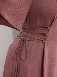 Modelyn 大码圆领泡泡袖夏季单排扣纹理面料侧系带连衣裙 - 藕粉色 - 查看 6