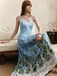 SHEIN LUNE Women's Light Blue Floral Lace Patchwork Backless Camisole Dress,Elegant Summer Resort Style,Graduation Party,Vacation,Sun,Formal&Birthday Dresses - Blue - View 6