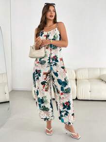 SHEIN Essnce Plus Size Women's Spring And Summer Fashion Casual Loose Comfortable Cool Light Daily Printed Apricot Suspender Jumpsuit,Beach Outfits For Woman,Boho Women Clothing,Cruise Outfits Women,Hawaii Outfits Women,European Summer,Curve Cute Clothes - Beige - View 4