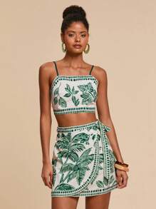 Travachic Conjunto de 2 piezas de top corto con estampado de plantas tropicales y minifalda para mujer, conjunto de vacaciones, vacaciones, atuendo de playa, atuendo de verano para mujeres - Verde - Ver 3