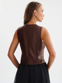 SHEIN LUNE PU Metal Button Sleeveless Jacket Top - Mocha Brown - View 2