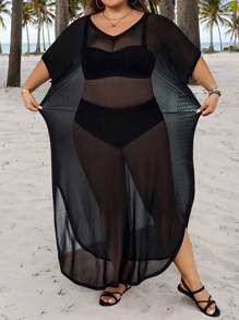 SHEIN CURVE+ Vestito estivo da donna con taglio a vista, manica corta, girocollo, in tessuto traslucido e colorazione tinta unita, con orlo fendente, adatto per l'estate, vacanze in campagna, spiaggia
