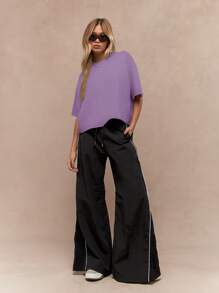 MISSGUIDED Camiseta corta de manga corta de corte cuadrado con borde sin acabar, de estilo informal, para fines de semana y festivales, de tela de bucle ancha
