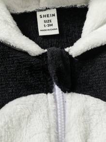 SHEIN 男嬰貓熊刺繡3D耳朵設計連帽前拉鍊法蘭絨連身褲 - 黑與白 - 查看 4