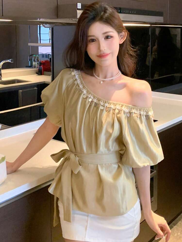 Women's Off Shoulder Princess Sleeve Waist Belt Tassel Decor Casual Summer Holiday Blouse Vacation