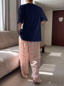 DAZY Women's Relaxed Fit Plaid Pattern Loose T-Shirt Top And Straight Leg Pajama Pants Home Outfit Set - Navy Blue - View 2