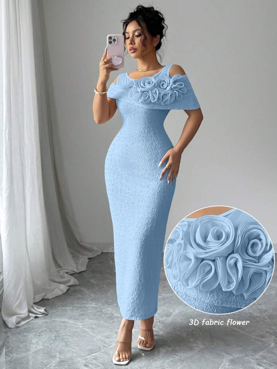 Modelyn Solid Color Mesh Splice Raised Floral Cut-Out Shoulder Midi Dress For Women