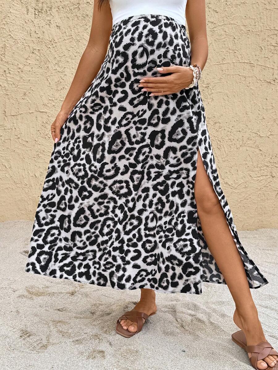 SHEIN 孕妇度假休闲豹纹高开衩裙 - 粉色 - 查看 1