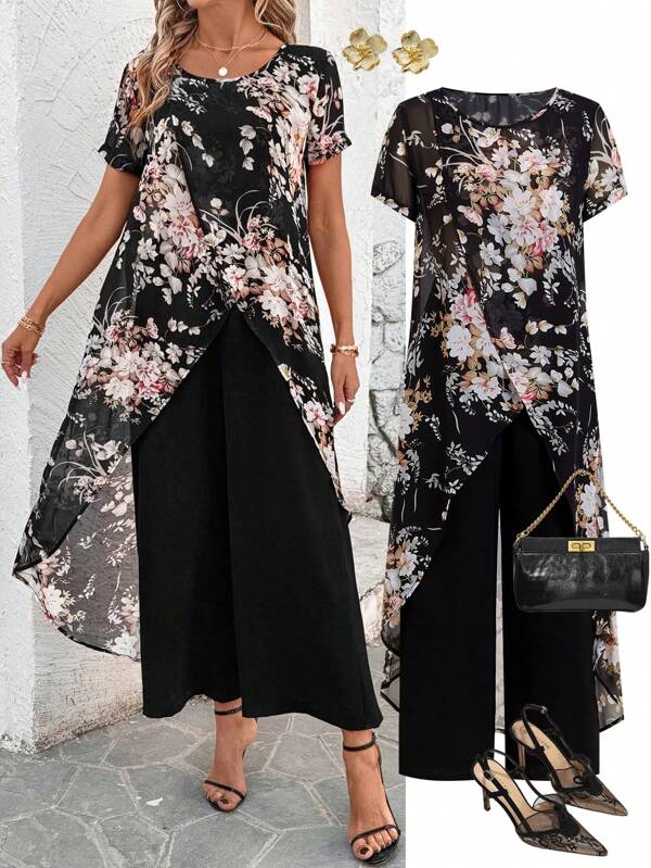 Ellevyn Women's Elegant Round Neck Chiffon Printed Blouse & Black Wide Leg Pants Vacation 2 Pieces Set Summer Outfits For Women Two Pieces Set Women Vacation Outfits Woman Spring Outfits For Women