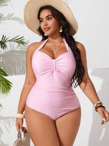 Swim Mod Plus Size Women Solid High Elasticity Slim Fit Swimsuit, Supportive Round Neck Self-Tie Beach Monokini For Summer Beach Vacation - Baby Pink - View 5