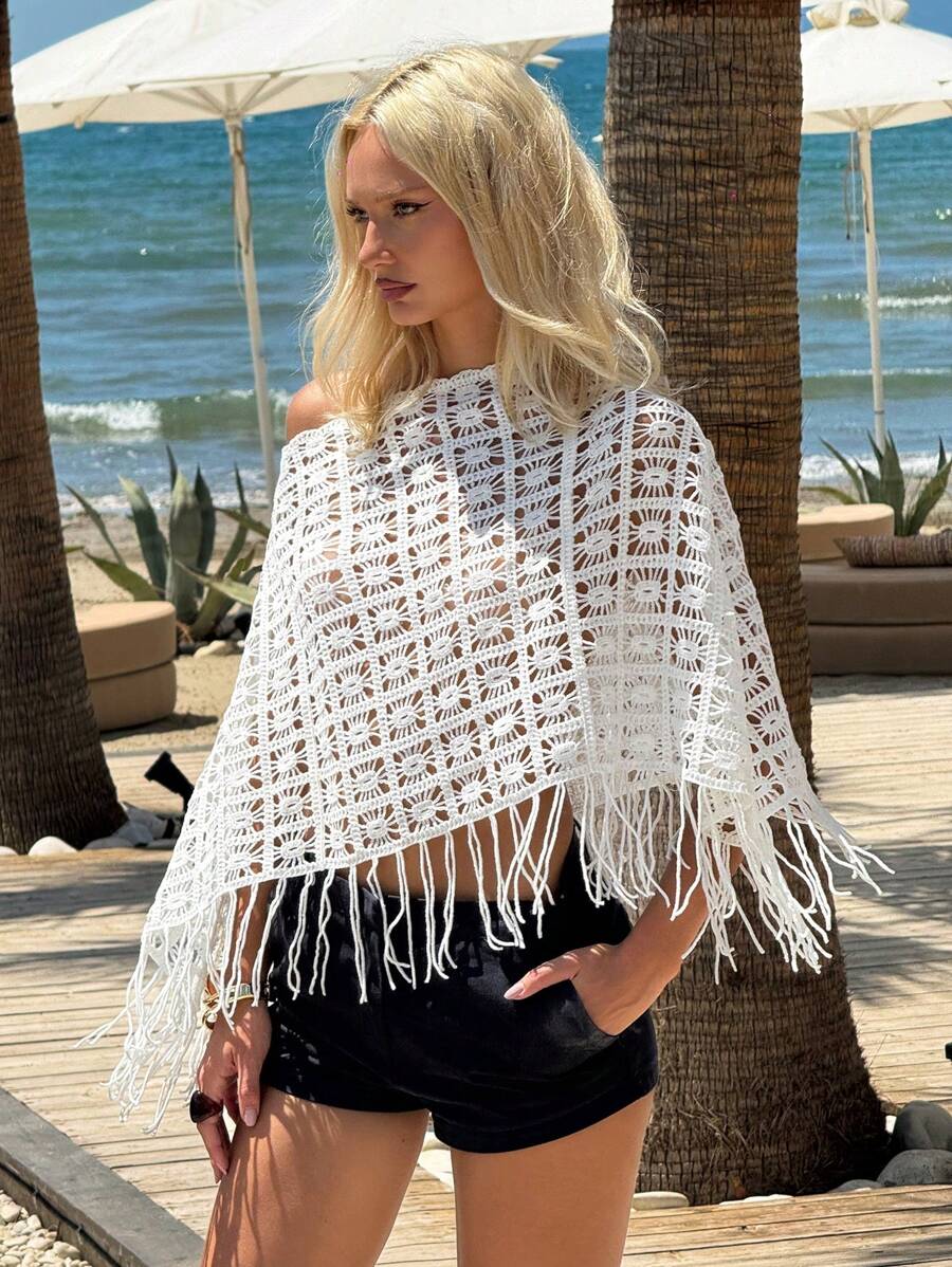 SHEIN EZwear White Knitted Hollow Out Tassel Blouse For Women, Concert Outfits For Women, Western Wear Women, Boho Women's Clothing, Holiday Clothes, Vacation Outfits Woman, Festival - Apricot - View 1