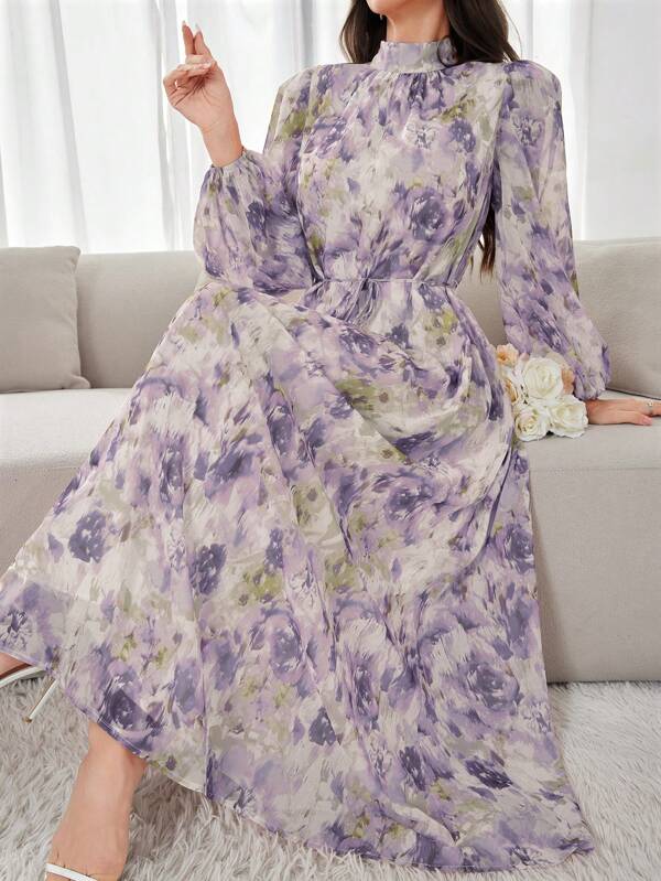 Modelyn Women's Elegant Floral Printed Summer Long Sleeve Dress With Stand Collar Long Evening Dresses