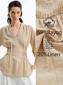 Aalyst 简约优雅亚麻混纺束腰女式衬衫 - 杏色 - 查看 2