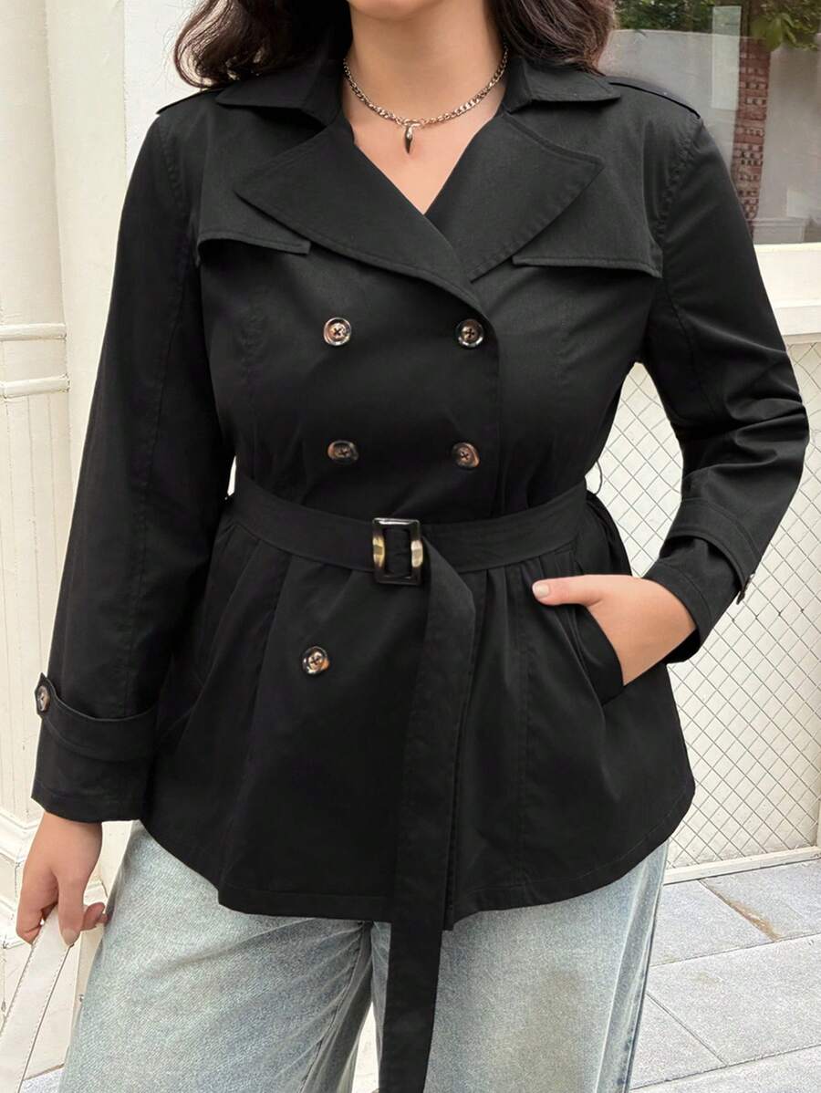 SHEIN EZwear Áo khoác dài tay ve rách màu trơn cỡ lớn cho nữ cỡ lớn, hai hàng khuy - màu đen - Xem 1