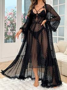 SHEIN 2pcs Set: Floral Embroidery Mesh Robe + Pearl Trim Lace Stitching Nightgown, Luxurious Women Sleepwear