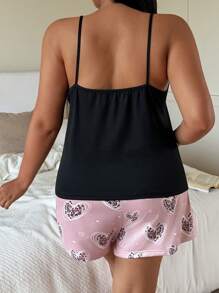 SHEIN Leopard & Heart Print Casual Camisole Top & Shorts Pajama Set, Plus Size, Outfits - Multicolor - View 2