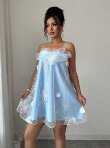 Chiquease Elaborate 3D Floral Spaghetti Strap Backless Dress - Blue - View 5