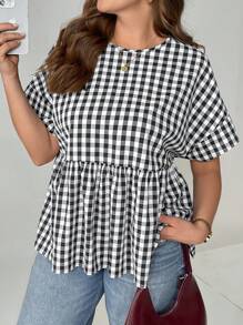 SHEIN Essnce Plus Size Ladies Spring And Summer Fashion Casual Loose Comfortable Daily Black And White Plaid Short Sleeve Cute Shirt,Women Blouse,Summer Outfits For Women,Brunch Outfits For Women,Minimalist,Cute Tops,Old Money Style Women,Vacation Outfits Woman