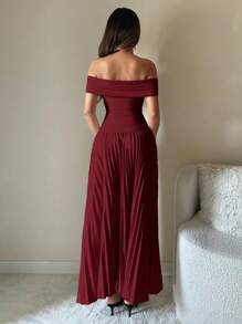 SHEIN ICON 返校节礼服 1 件露肩纯色褶皱优雅连衣裙 - 酒紅色 - 查看 4