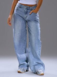 MUSERA 拼接口袋直筒牛仔裤，春夏皆宜，街头风，Y2K风格，酷女孩，都市风，适合7月4日独立日、日常休闲、秋季、返校季、办公室工作等各种场合。 - 藍色 - 查看 2