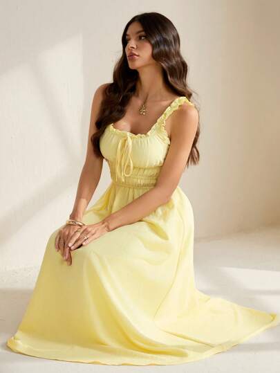 SHEIN Tall Women's Summer Light Yellow Goose Yellow Frill Edge Wide Shoulder Strap Holiday Long A-Line Dress